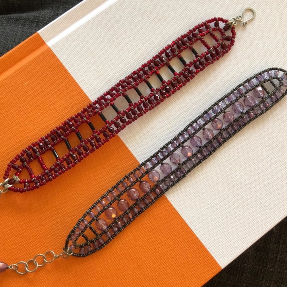 Handmade beaded noir bracelets set/2 red lavender